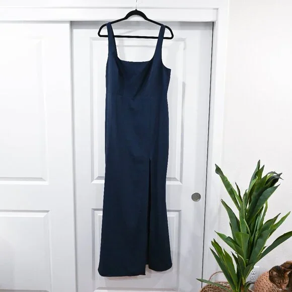 BHLDN Size 16 Dark Blue Adena Square Neckline High Slit Evening Dress